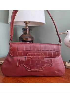 Italian Leather Croc Embossed Baguette Shoulder Bag Cognac Brown Y2K